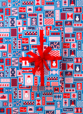 Christmas Stamps Electric Blue 10M Wrapping Paper
